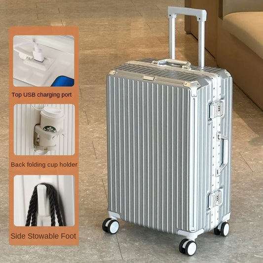 28-Inch Large Capacity Aluminum Frame Suitcase - Durable Trolley Luggage with Universal Wheels, Business Travel Suitcase 24