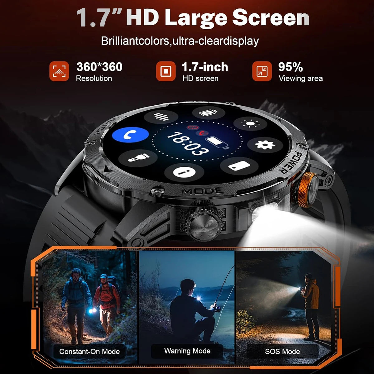 T-Rex 3 Military Smartwatch - 5ATM Waterproof, Heart Rate & Sports Tracker, 1000mAh Battery, Flashlight Feature for Men