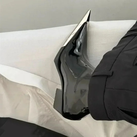 Luxury Designer Chelsea Boots for Women - Pointed Toe Black Ankle Boots with Chunky High Heel & Metal Toe Decoration