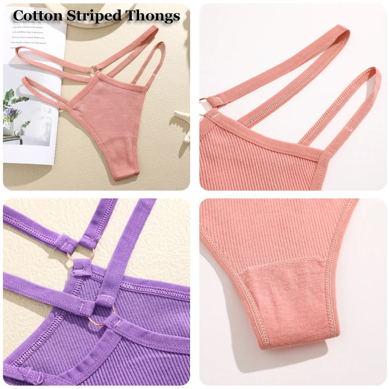 4-Piece Cotton Double-Strap Thong Set - Low-Waist Striped Panties for Women
