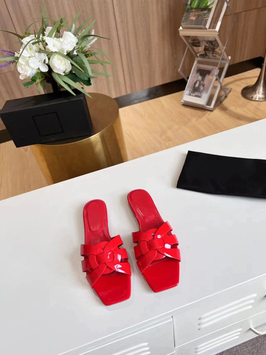 Women’s Genuine Leather Slippers - Square & Open Toe Flats, Fashionable Party and Outdoor Beach Shoes