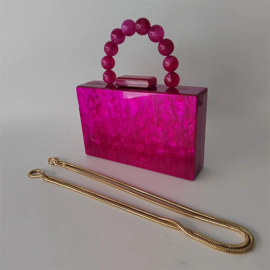 Pearl Hot Rose Pink Plaid Acrylic Box Clutch - Chic Designer Evening Bag for Weddings & Parties