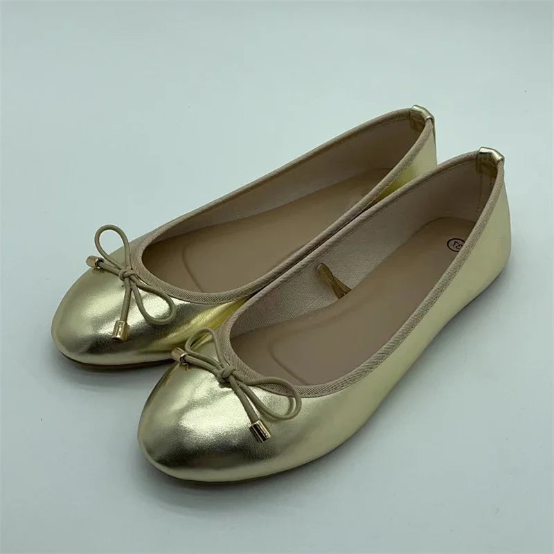 Women’s Elegant Bowknot Slip-On Flats - Gold & Silver Round-Toe Ballerina Mules