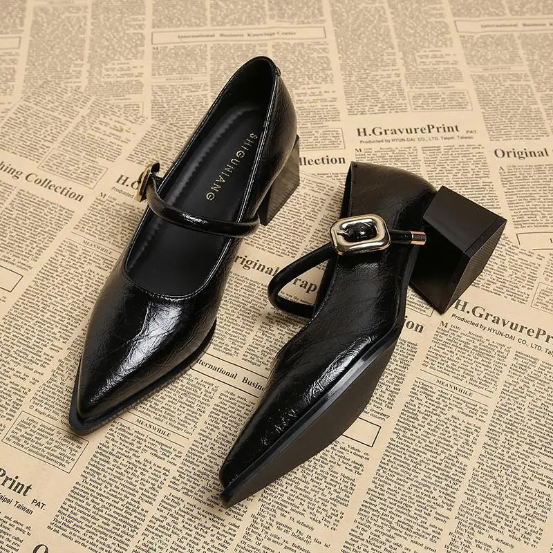 Retro Belt Buckle Leather Shoes for Women - Pointed Toe, Mid-Length, Comfortable Slip-On Flats