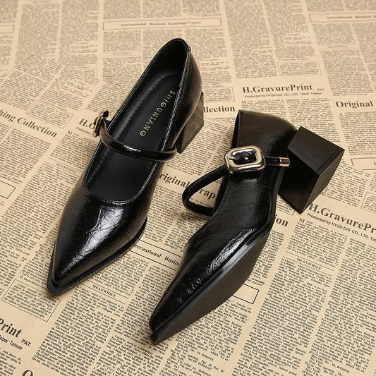 Retro Belt Buckle Leather Shoes for Women - Pointed Toe, Mid-Length, Comfortable Slip-On Flats