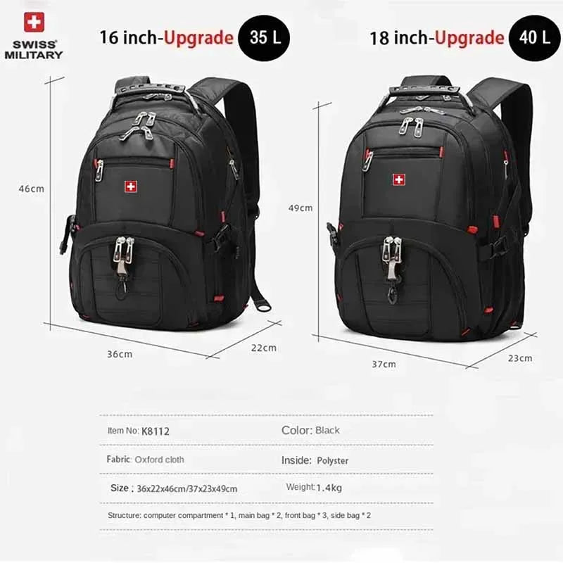 Swiss 17" Laptop Backpack - Waterproof Swiss-Style Multifunctional Travel Bag with USB Charging Port