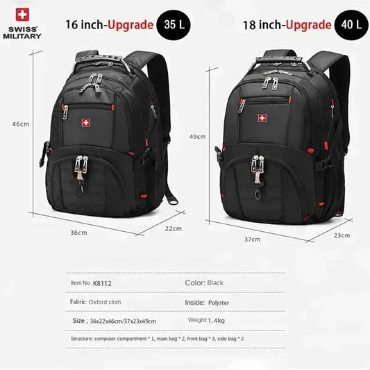 Swiss 17" Laptop Backpack - Waterproof Swiss-Style Multifunctional Travel Bag with USB Charging Port