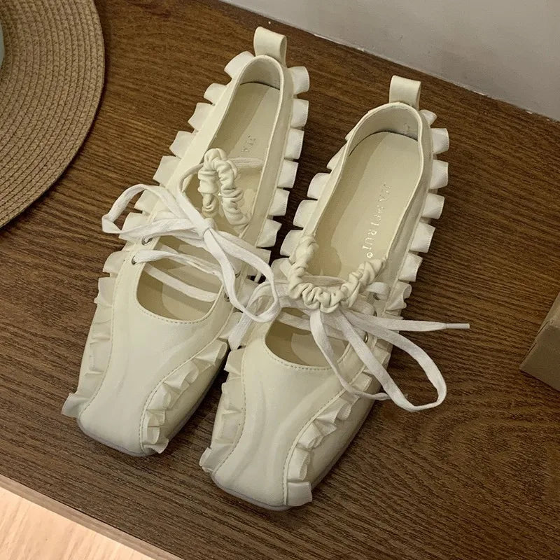 Designer Sporty Ballet Flats – Lace-Up Shallow Square-Toe Leisure Shoes for Women