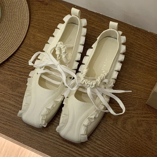 Designer Sporty Ballet Flats – Lace-Up Shallow Square-Toe Leisure Shoes for Women