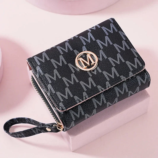 Short M Letter Women's Wallet - Compact Wristlet Purse with Zipper, Card Slots, and Coin Pocket