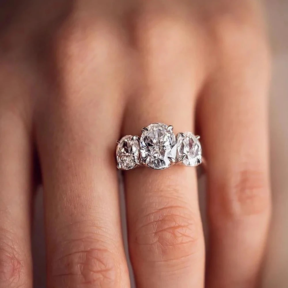 3–6 Carat Oval Cut Moissanite 3-Stone Engagement Ring – 925 Sterling Silver Wedding Band for Women