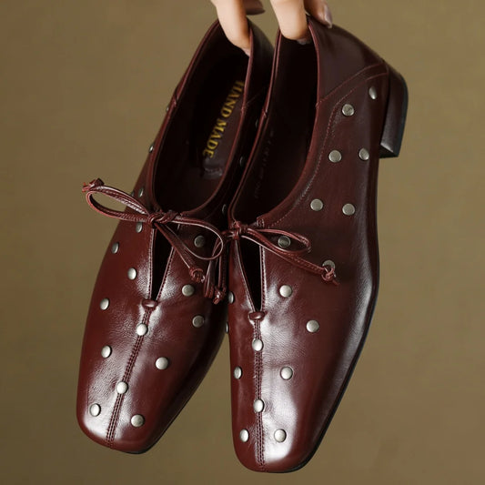 Women’s Cow Leather Lace-Up Flats - High-Quality Oxford Espadrilles with Rivet Detail