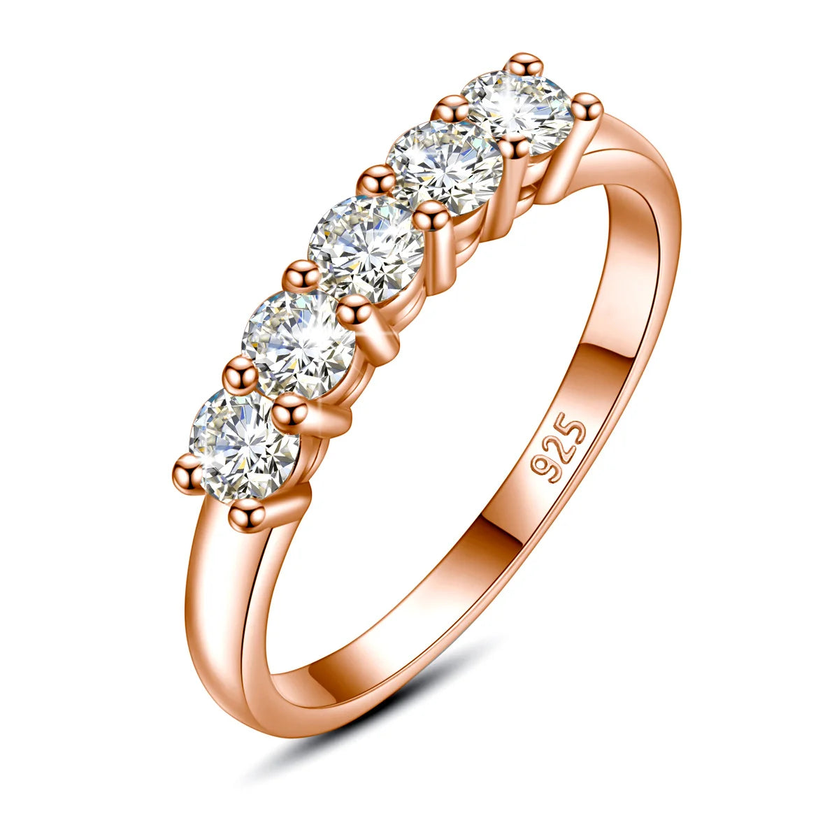 5-Stone Moissanite Diamond Ring - 925 Silver Rose Gold Plated Fine Jewelry for Women, Certified Engagement Gift
