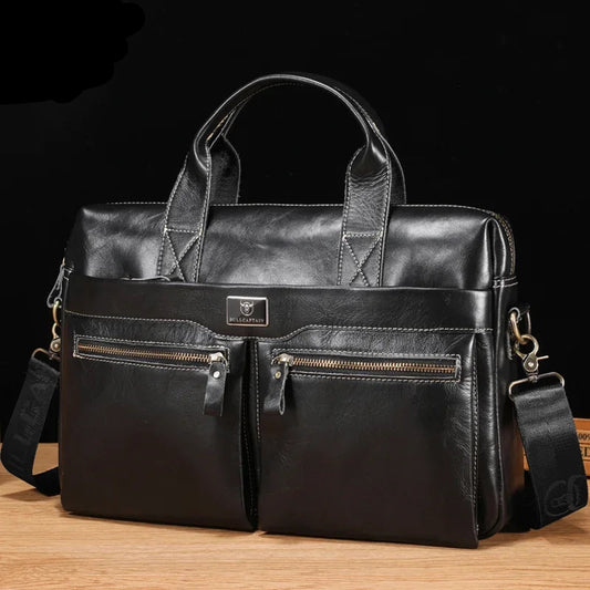 BullCaptain Men’s Genuine Leather Briefcase | 14-Inch Laptop Shoulder Bag & Business Handbag