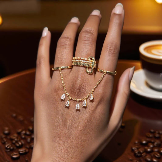 Personalized Water Drop Tassel Link Chain Ring - Gold Color Bling Zirconia Evening Jewelry