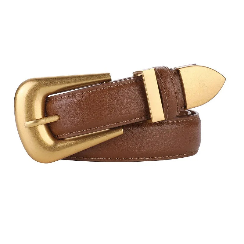 Women’s Genuine Burgundy Leather Belt - Gold Metal Buckle, Luxury Casual Strap for Jeans & Dresses