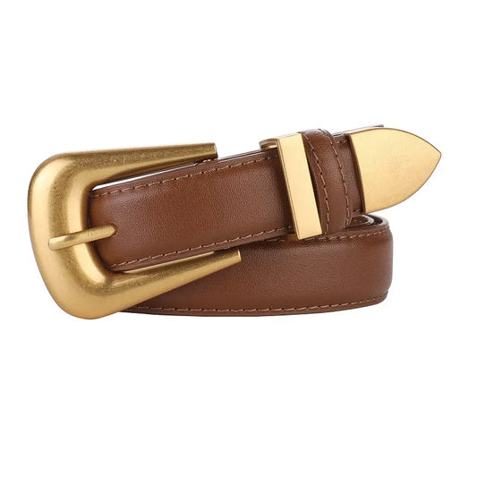 Women’s Genuine Burgundy Leather Belt - Gold Metal Buckle, Luxury Casual Strap for Jeans & Dresses