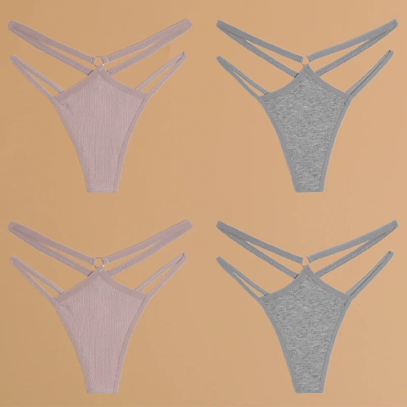 4-Piece Cotton Double-Strap Thong Set - Low-Waist Striped Panties for Women