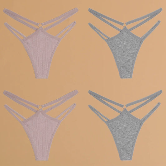 4-Piece Cotton Double-Strap Thong Set - Low-Waist Striped Panties for Women