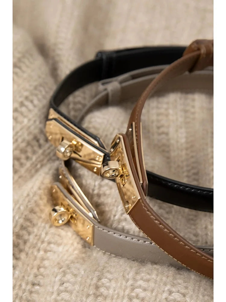 Women’s Leather Belt - Golden Metal Buckle, Luxury Casual Strap for Jeans & Dresses