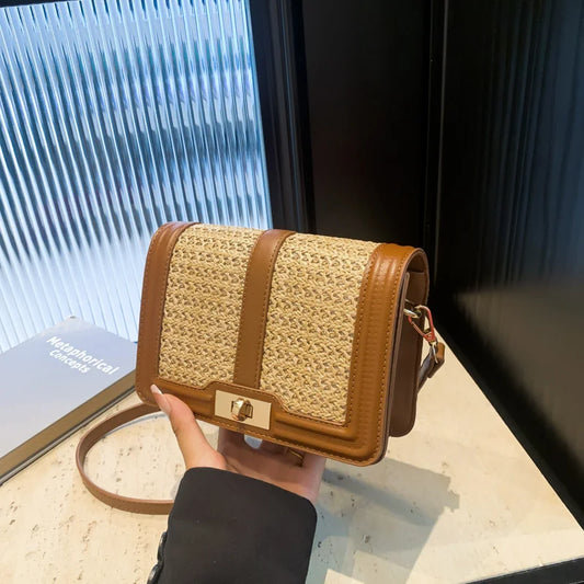Square Summer Straw Woven Clutch - Casual Rattan Crossbody Beach Bag for Women