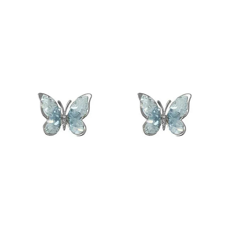 Silver Crystal Flower & Butterfly Stud Earrings - Elegant Luxury Jewelry for Women, Perfect for Weddings