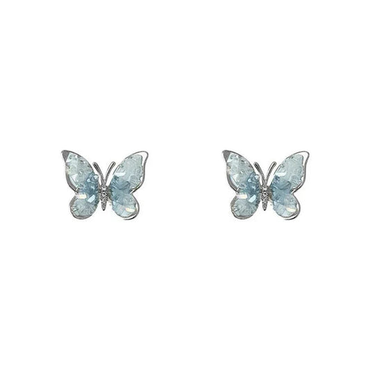 Silver Crystal Flower & Butterfly Stud Earrings - Elegant Luxury Jewelry for Women, Perfect for Weddings
