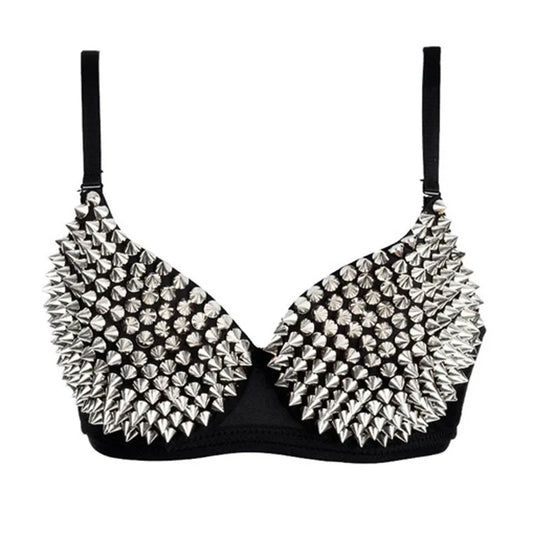 Women’s Gothic Punk Bralette - Silver Rivet Push-Up Lingerie, Nightclub & Party Bra