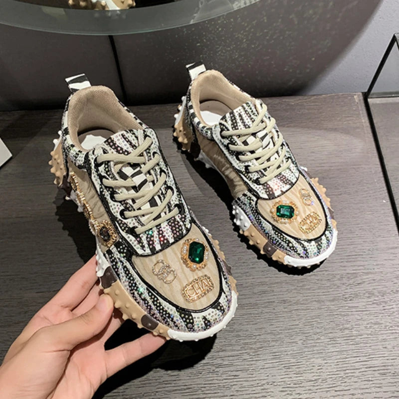 Luxury Rhinestone Sneakers - Casual Outdoor Platform Running Shoes, Designer Mesh Sports Shoes for Women