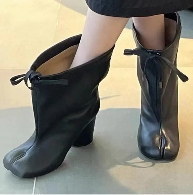 Luxury Designer Women’s Split-Toe Ankle Boots - Fashion Short Booties with Ruffle Detail & Chunky High Heel