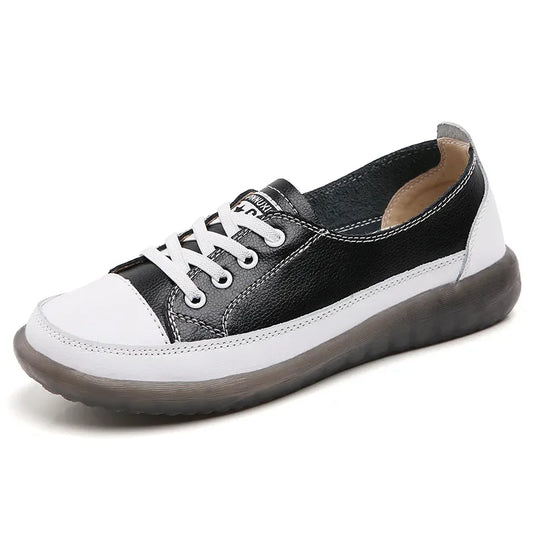 Natural Genuine Leather Flat Casual Shoes - White Lace-Up Ballet & Court Flats for Women