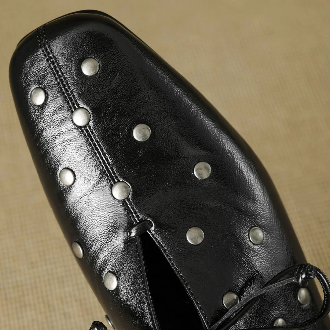 Women’s Cow Leather Lace-Up Flats - High-Quality Oxford Espadrilles with Rivet Detail