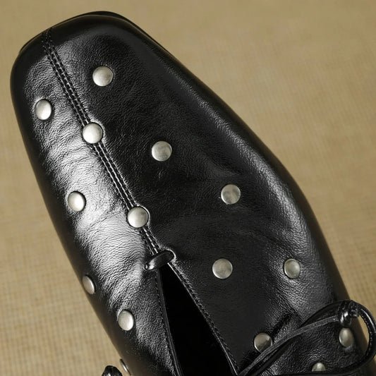 Women’s Cow Leather Lace-Up Flats - High-Quality Oxford Espadrilles with Rivet Detail