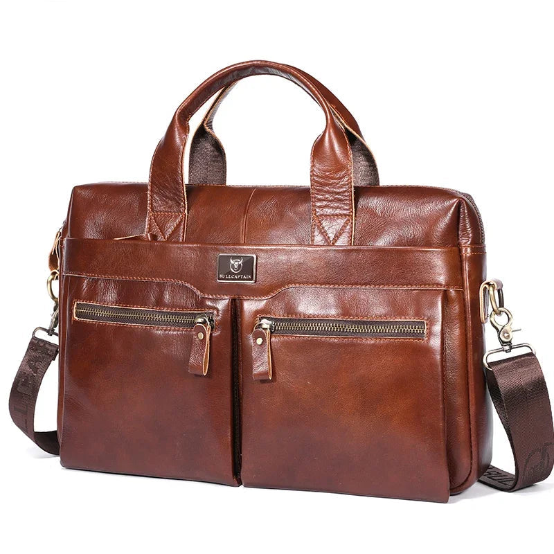 BullCaptain Men’s Genuine Leather Briefcase | 14-Inch Laptop Shoulder Bag & Business Handbag