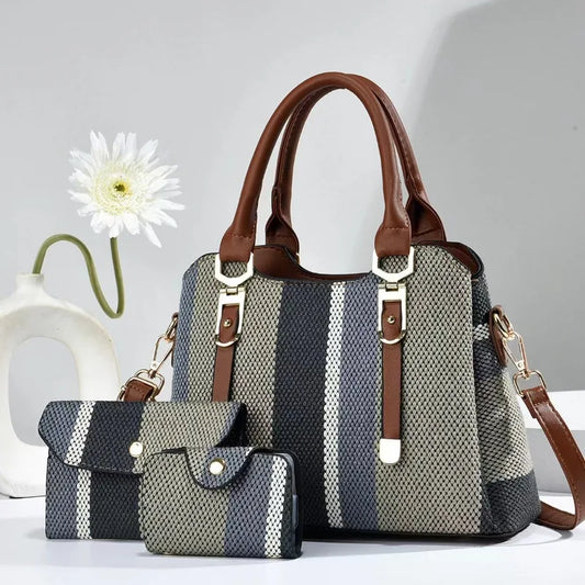Summer Trio Elegance Set - Striped Tote, Wallet & Crossbody Combo for Women