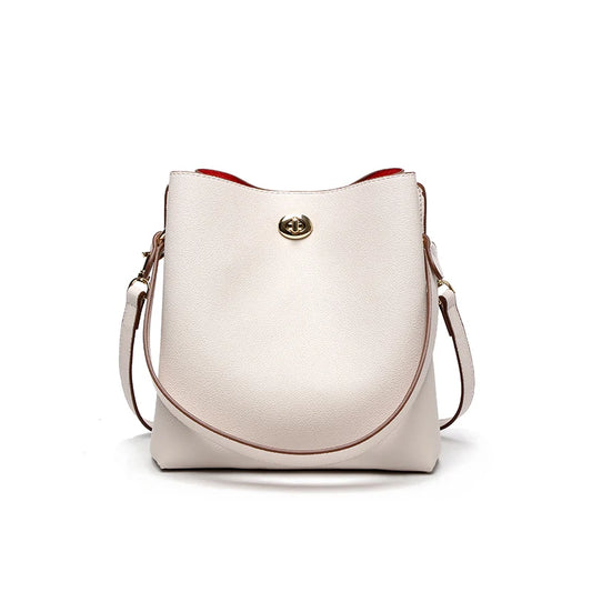Solterra Chic Bucket Tote - Minimalist Beige Leather Shoulder Bag for Daily Elegance