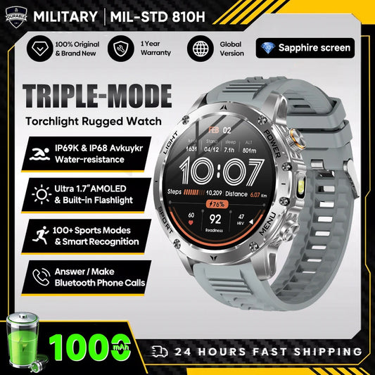 T-Rex 3 Military Smartwatch - 5ATM Waterproof, Heart Rate & Sports Tracker, 1000mAh Battery, Flashlight Feature for Men