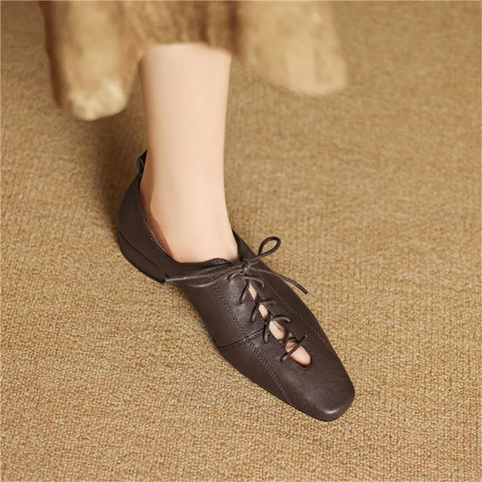 Women’s Genuine Leather Pumps - Square Toe, Low Thick Heels, Lace-Up Office & Casual Shoes