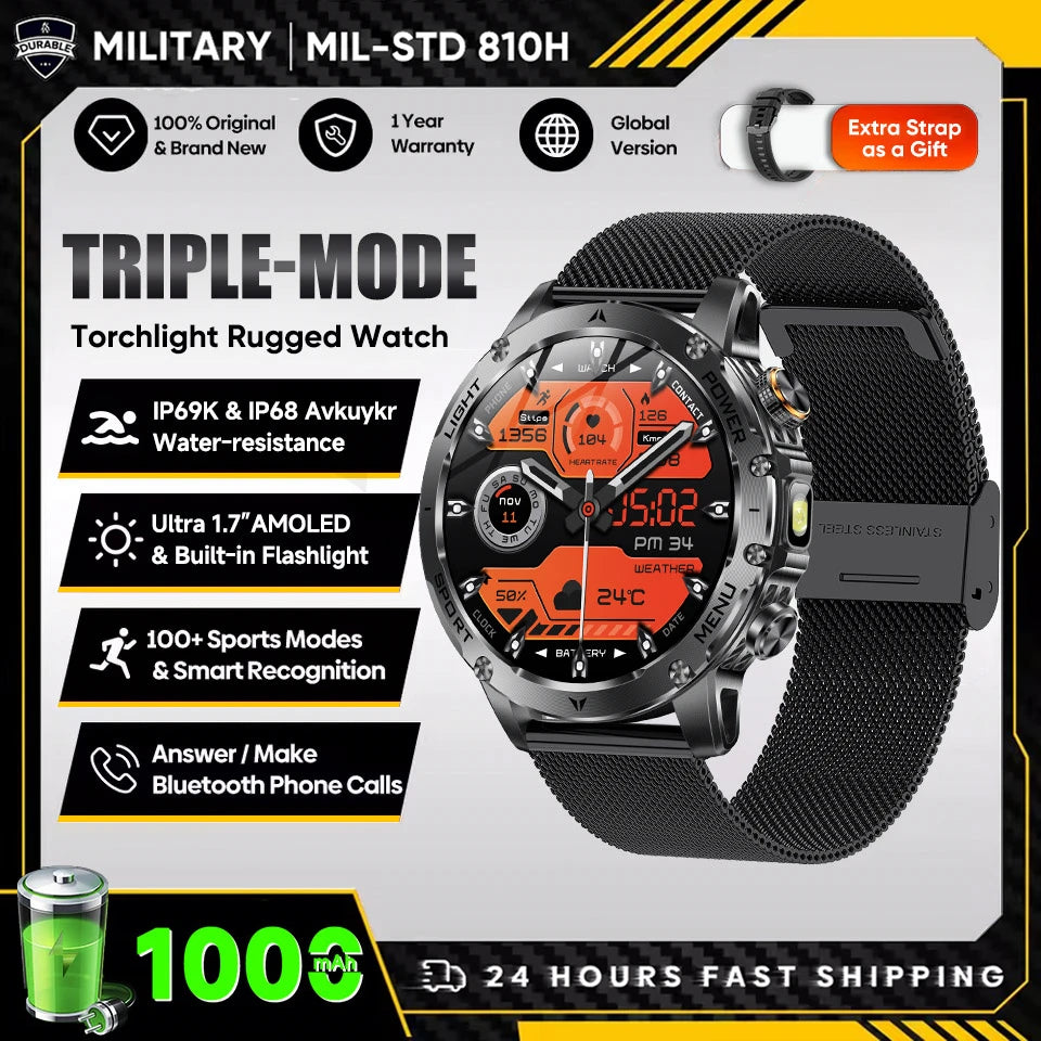 T-Rex 3 Military Smartwatch - 5ATM Waterproof, Heart Rate & Sports Tracker, 1000mAh Battery, Flashlight Feature for Men