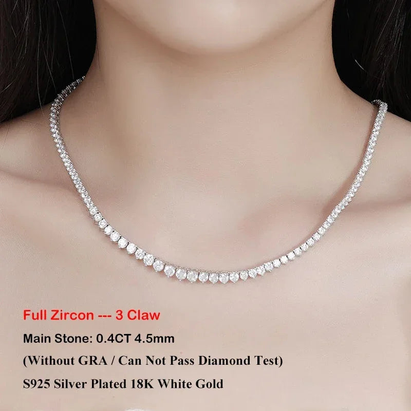 EWYA 925 Sterling Silver Moissanite Tennis Necklace for Women – 0.4CT 4.5mm D Color Gradient Lab Diamond Chain, 3-Claw Setting, GRA Certified