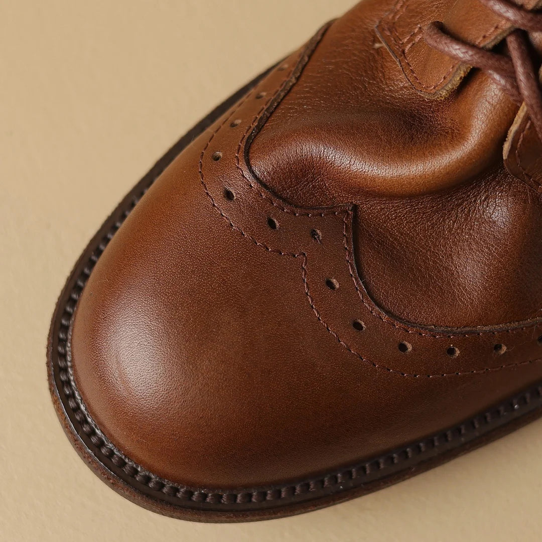 Women’s Cow Leather Lace-Up Oxfords - British-Style Carved Flats, Soft & Comfortable