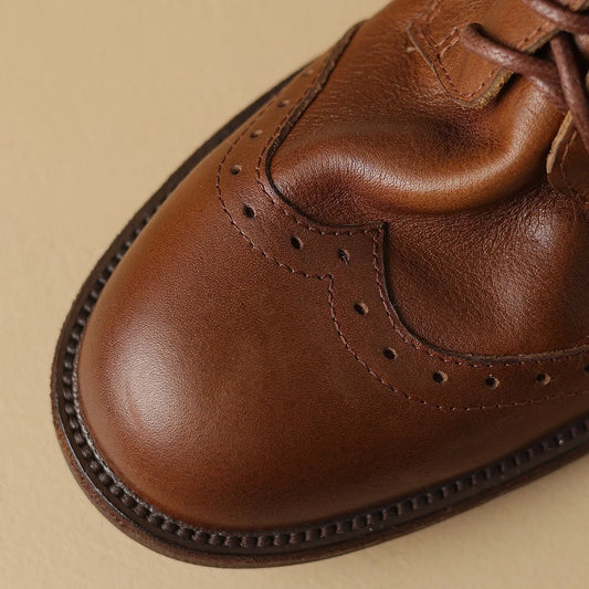 Women’s Cow Leather Lace-Up Oxfords - British-Style Carved Flats, Soft & Comfortable