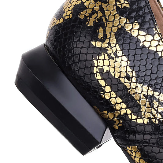 Women’s Lace-Up Brogue Flats - PU Leather Snake Print Oxford Loafers, Pointed Toe