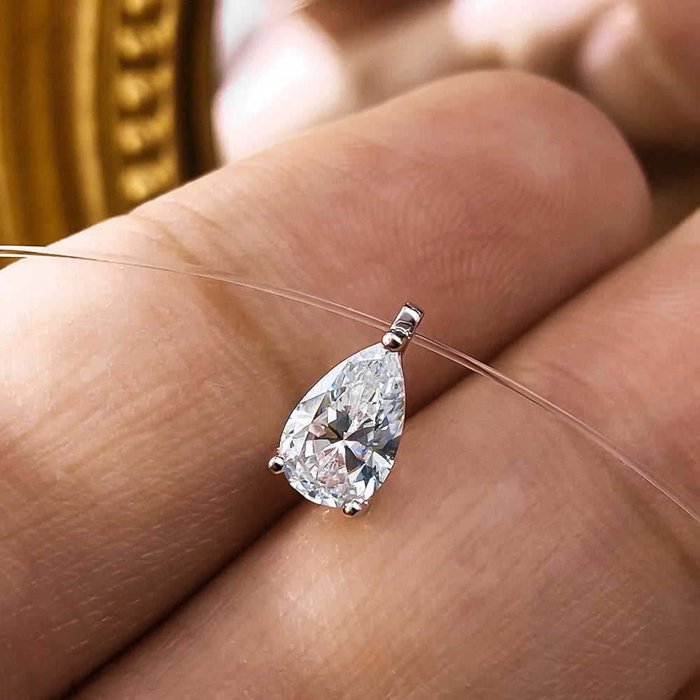 Knobspin 1–2CT Moissanite Pendant Necklace - Pear, Marquise & Round Brilliant Cut Lab Diamond on 925 Sterling Silver Fishing Line, Fine Jewelry Gift for Women
