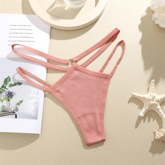 4-Piece Cotton Double-Strap Thong Set - Low-Waist Striped Panties for Women