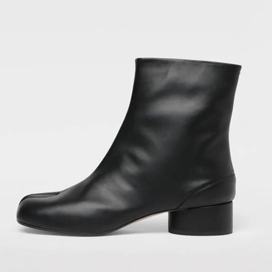 Luxury Designer Women’s Ankle Boots - Genuine Leather Split-Toe Booties with Chunky Silver Heels