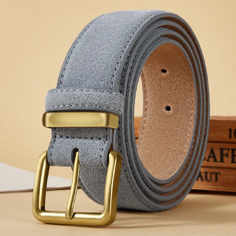 Women’s Luxury Suede Cowhide Belt - Vintage Gold Buckle, 3.5cm Wide Strap for Dresses & Jeans
