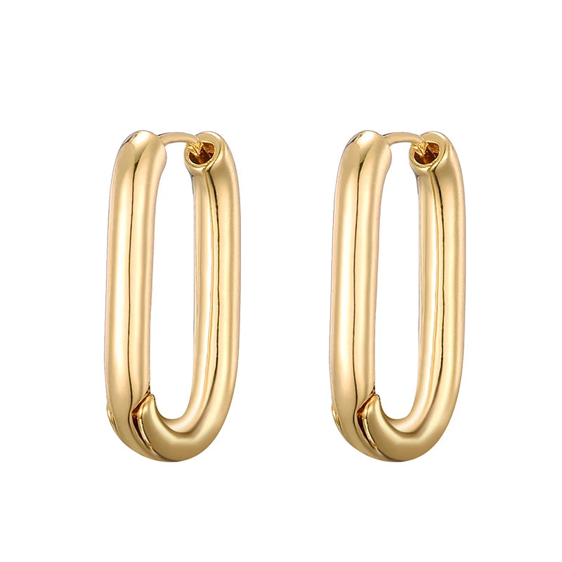 Gold Geometric Oval & Rectangle Hoop Earrings - Elegant Zircon Wedding Jewelry for Women