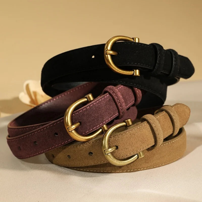 Women’s Luxury Suede Belt - Stylish Leather Strap with Gold Pin Buckle