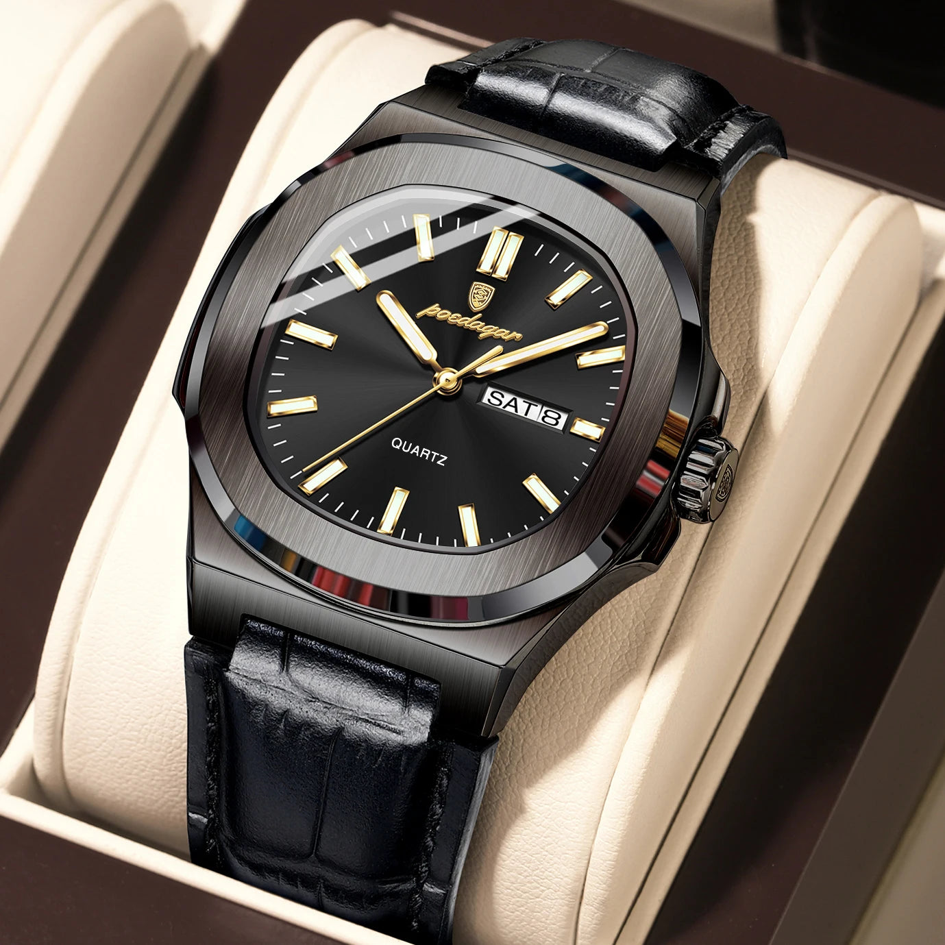 POEDAGAR Men’s Luxury Quartz Watch - Luminous Square Timepiece, Waterproof Week Calendar, Premium Leather Strap